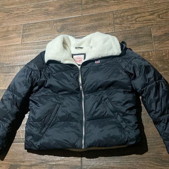 Levis Nylon Puffer Jacket Sherpa Black Zipper Up Women Size XL - Picture 2 of 13